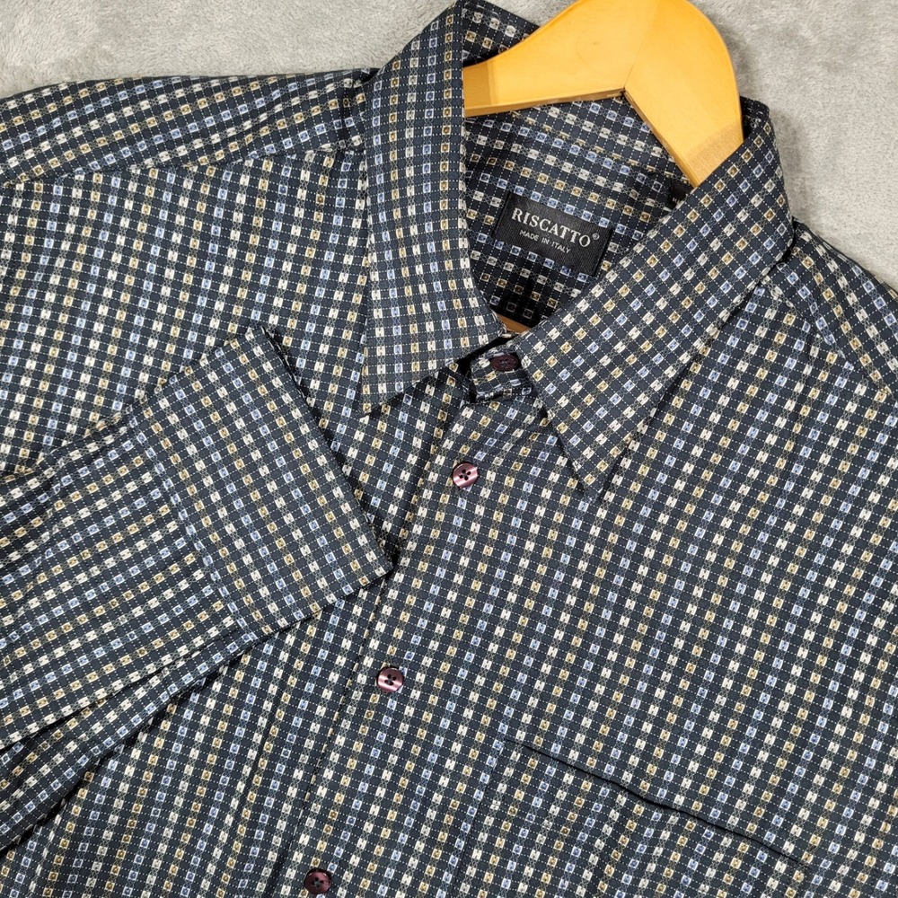 Riscatto Button Up Shirt Mens XL Black Geometric Made in Italy Long Sleeve